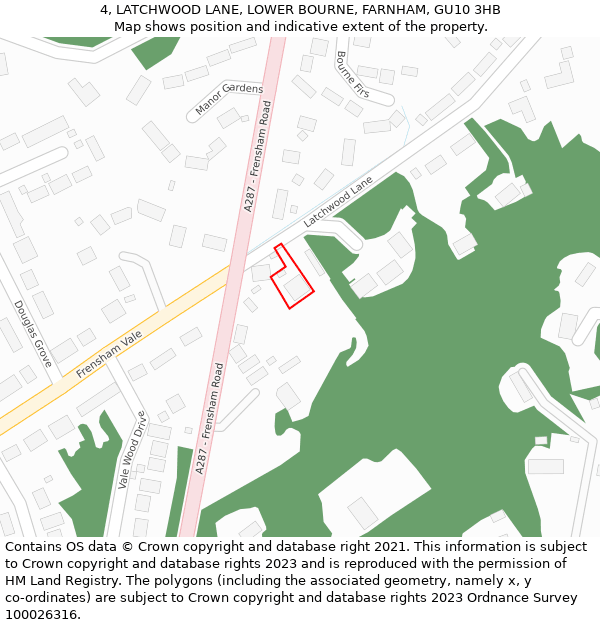 4, LATCHWOOD LANE, LOWER BOURNE, FARNHAM, GU10 3HB: Location map and indicative extent of plot