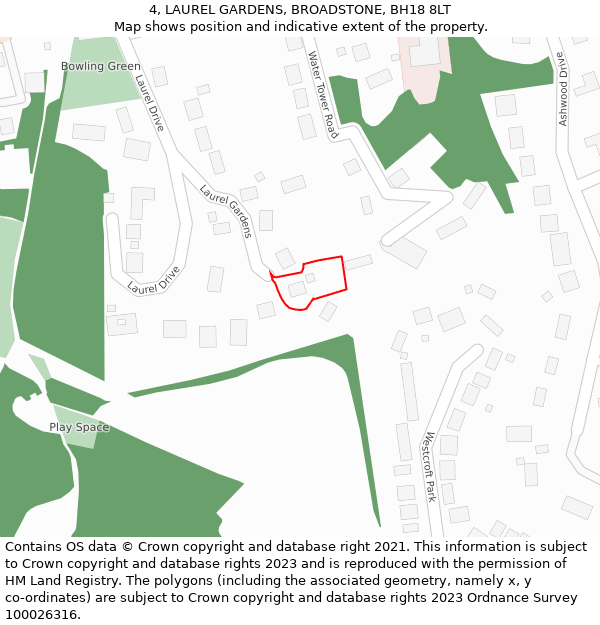 4, LAUREL GARDENS, BROADSTONE, BH18 8LT: Location map and indicative extent of plot