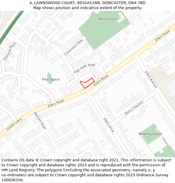 4, LAWNSWOOD COURT, BESSACARR, DONCASTER, DN4 7BD: Location map and indicative extent of plot