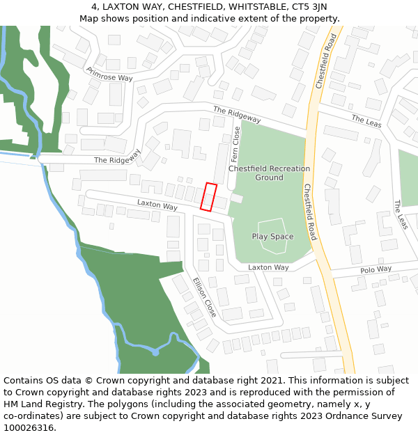 4, LAXTON WAY, CHESTFIELD, WHITSTABLE, CT5 3JN: Location map and indicative extent of plot