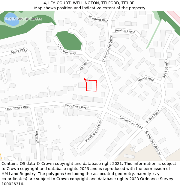 4, LEA COURT, WELLINGTON, TELFORD, TF1 3PL: Location map and indicative extent of plot