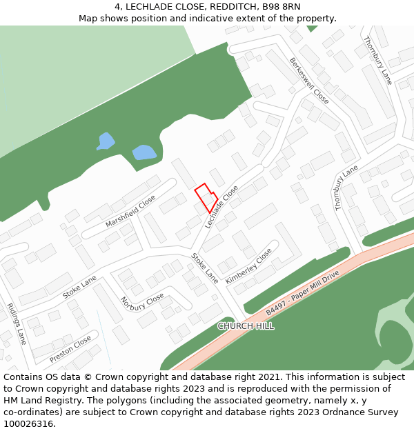 4, LECHLADE CLOSE, REDDITCH, B98 8RN: Location map and indicative extent of plot