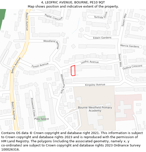 4, LEOFRIC AVENUE, BOURNE, PE10 9QT: Location map and indicative extent of plot