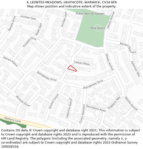 4, LEONTES MEADOWS, HEATHCOTE, WARWICK, CV34 6FR: Location map and indicative extent of plot