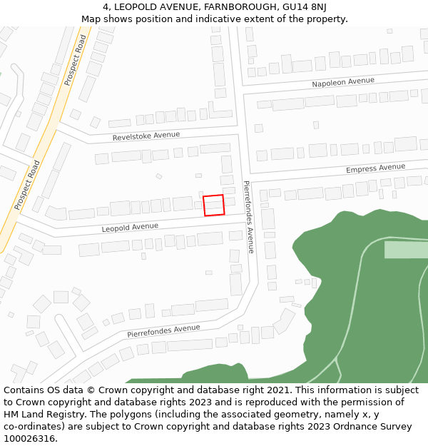 4, LEOPOLD AVENUE, FARNBOROUGH, GU14 8NJ: Location map and indicative extent of plot