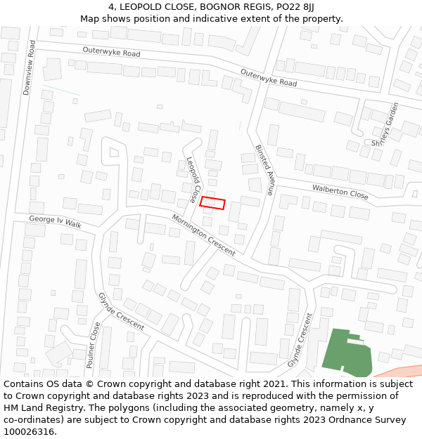 4, LEOPOLD CLOSE, BOGNOR REGIS, PO22 8JJ: Location map and indicative extent of plot