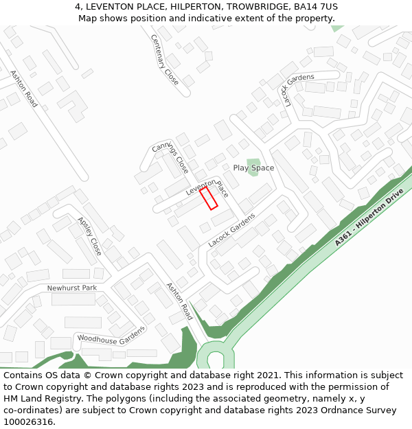 4, LEVENTON PLACE, HILPERTON, TROWBRIDGE, BA14 7US: Location map and indicative extent of plot