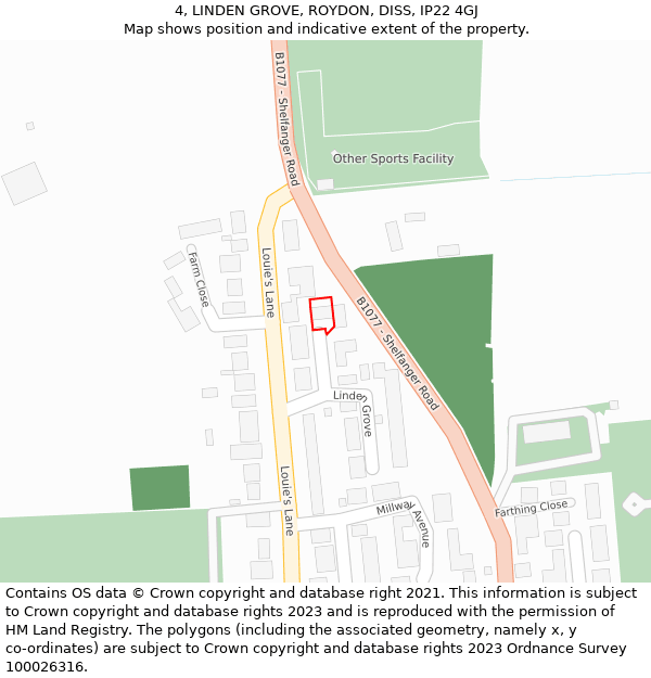 4, LINDEN GROVE, ROYDON, DISS, IP22 4GJ: Location map and indicative extent of plot