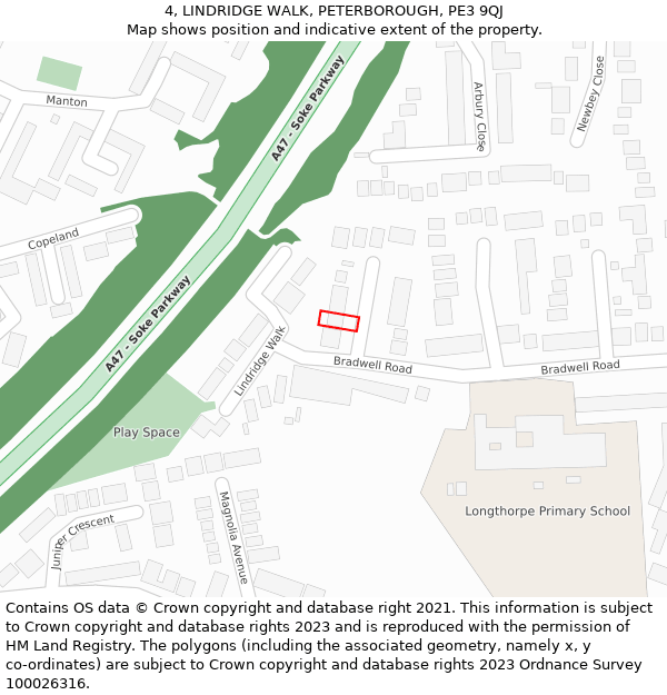 4, LINDRIDGE WALK, PETERBOROUGH, PE3 9QJ: Location map and indicative extent of plot