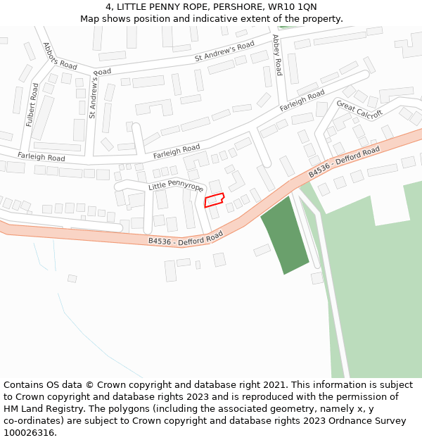 4, LITTLE PENNY ROPE, PERSHORE, WR10 1QN: Location map and indicative extent of plot