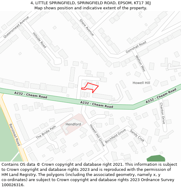 4, LITTLE SPRINGFIELD, SPRINGFIELD ROAD, EPSOM, KT17 3EJ: Location map and indicative extent of plot