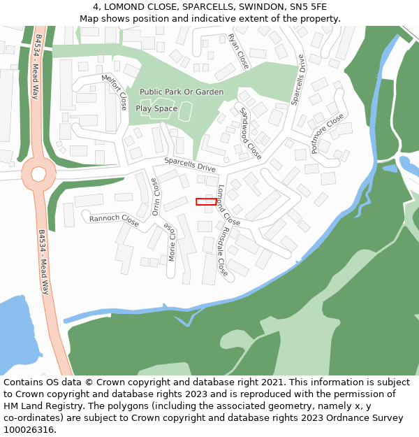 4, LOMOND CLOSE, SPARCELLS, SWINDON, SN5 5FE: Location map and indicative extent of plot