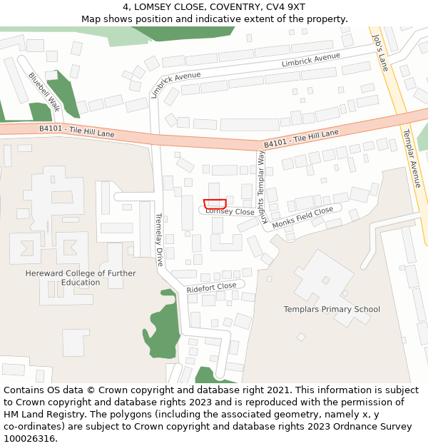 4, LOMSEY CLOSE, COVENTRY, CV4 9XT: Location map and indicative extent of plot