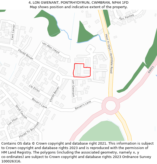 4, LON GWENANT, PONTRHYDYRUN, CWMBRAN, NP44 1FD: Location map and indicative extent of plot