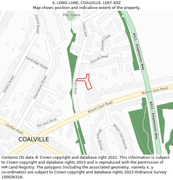 4, LONG LANE, COALVILLE, LE67 4DZ: Location map and indicative extent of plot