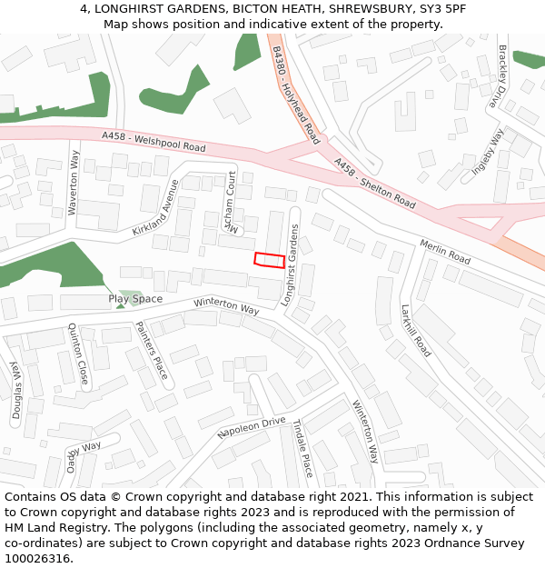 4, LONGHIRST GARDENS, BICTON HEATH, SHREWSBURY, SY3 5PF: Location map and indicative extent of plot