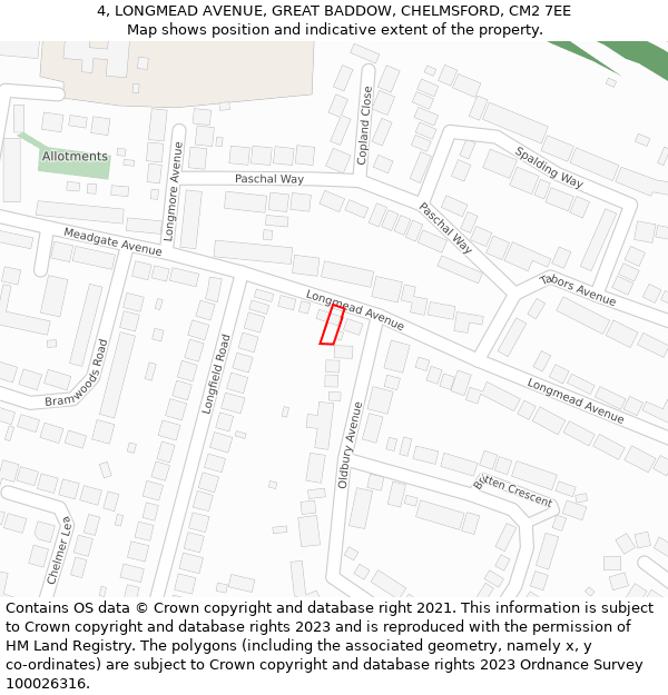 4, LONGMEAD AVENUE, GREAT BADDOW, CHELMSFORD, CM2 7EE: Location map and indicative extent of plot