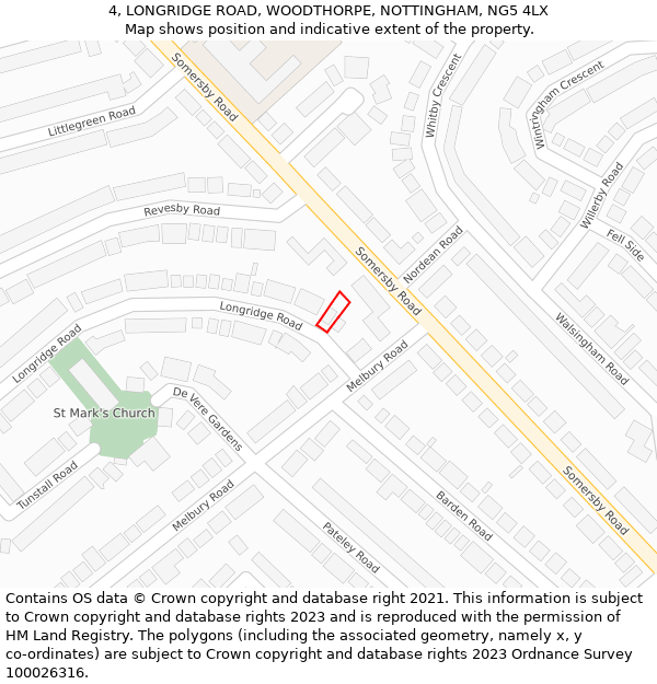 4, LONGRIDGE ROAD, WOODTHORPE, NOTTINGHAM, NG5 4LX: Location map and indicative extent of plot