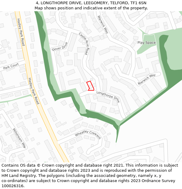 4, LONGTHORPE DRIVE, LEEGOMERY, TELFORD, TF1 6SN: Location map and indicative extent of plot