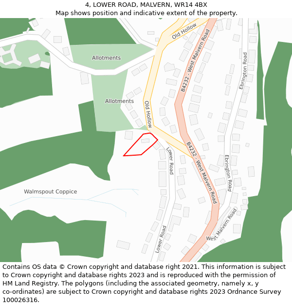 4, LOWER ROAD, MALVERN, WR14 4BX: Location map and indicative extent of plot