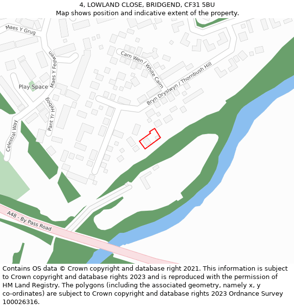 4, LOWLAND CLOSE, BRIDGEND, CF31 5BU: Location map and indicative extent of plot