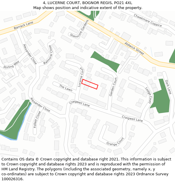 4, LUCERNE COURT, BOGNOR REGIS, PO21 4XL: Location map and indicative extent of plot