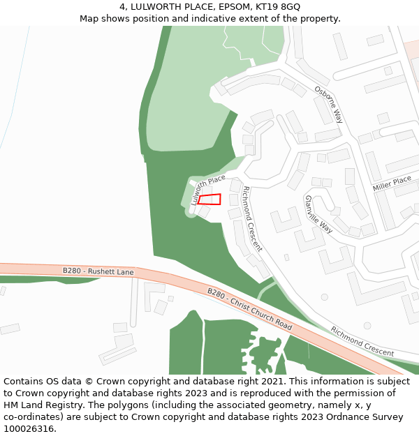 4, LULWORTH PLACE, EPSOM, KT19 8GQ: Location map and indicative extent of plot