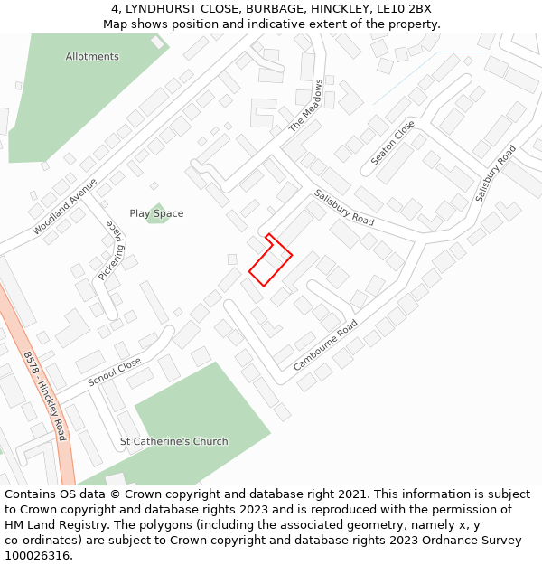 4, LYNDHURST CLOSE, BURBAGE, HINCKLEY, LE10 2BX: Location map and indicative extent of plot