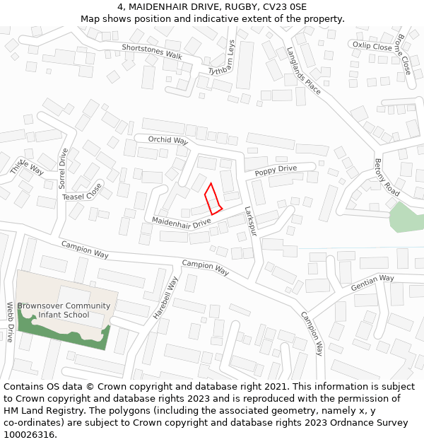 4, MAIDENHAIR DRIVE, RUGBY, CV23 0SE: Location map and indicative extent of plot