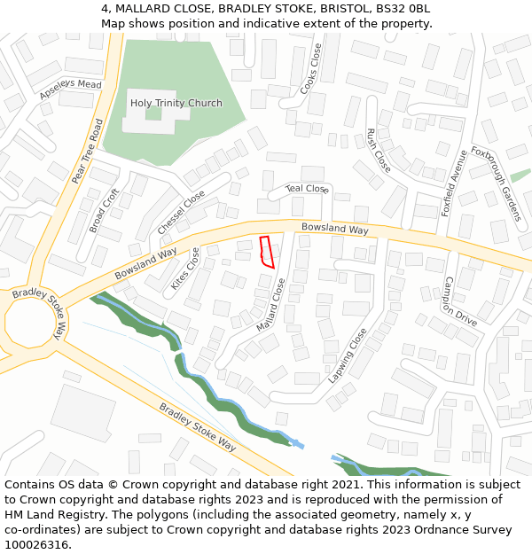 4, MALLARD CLOSE, BRADLEY STOKE, BRISTOL, BS32 0BL: Location map and indicative extent of plot