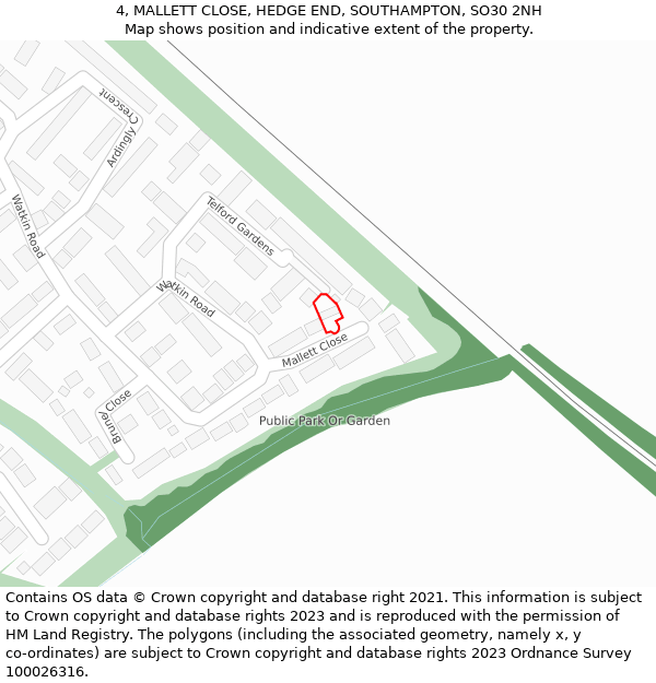 4, MALLETT CLOSE, HEDGE END, SOUTHAMPTON, SO30 2NH: Location map and indicative extent of plot