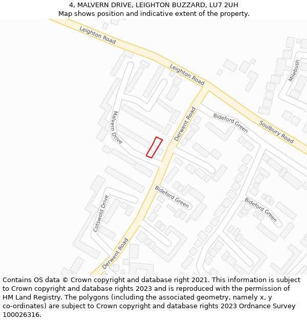 4, MALVERN DRIVE, LEIGHTON BUZZARD, LU7 2UH: Location map and indicative extent of plot