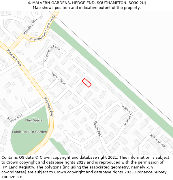 4, MALVERN GARDENS, HEDGE END, SOUTHAMPTON, SO30 2UJ: Location map and indicative extent of plot