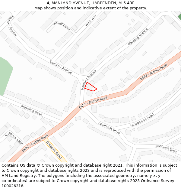 4, MANLAND AVENUE, HARPENDEN, AL5 4RF: Location map and indicative extent of plot