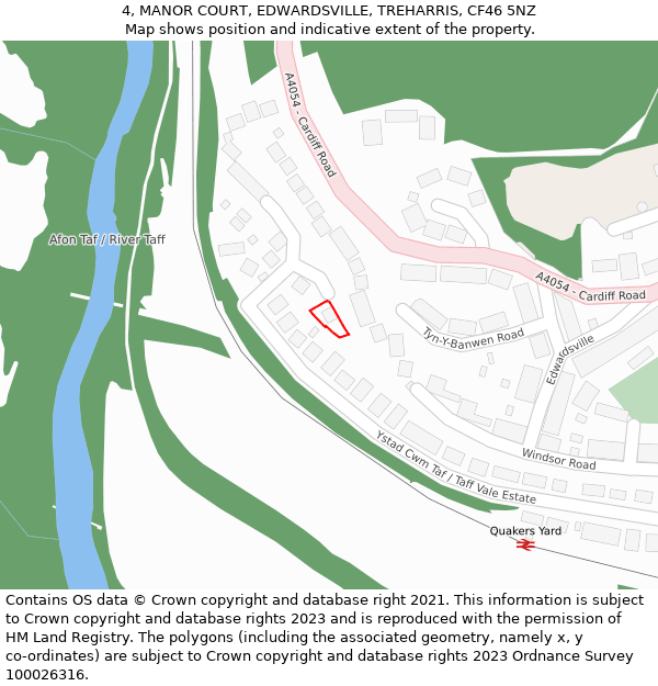 4, MANOR COURT, EDWARDSVILLE, TREHARRIS, CF46 5NZ: Location map and indicative extent of plot