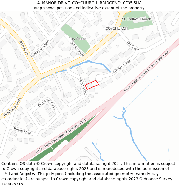 4, MANOR DRIVE, COYCHURCH, BRIDGEND, CF35 5HA: Location map and indicative extent of plot