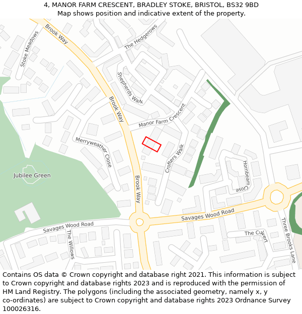 4, MANOR FARM CRESCENT, BRADLEY STOKE, BRISTOL, BS32 9BD: Location map and indicative extent of plot