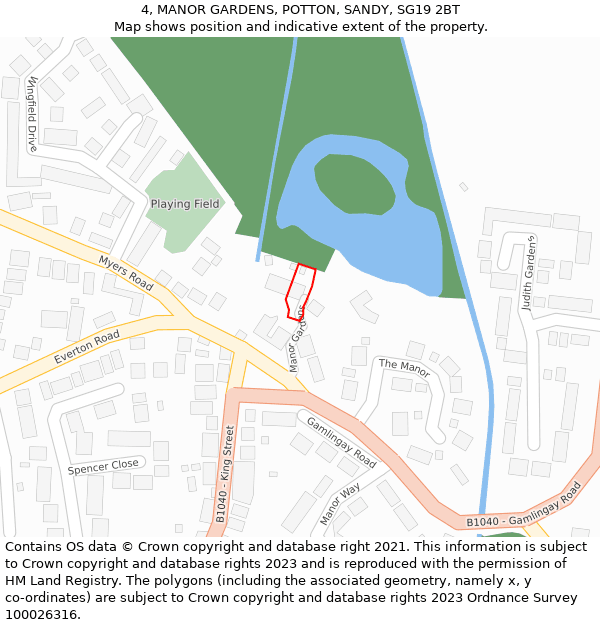 4, MANOR GARDENS, POTTON, SANDY, SG19 2BT: Location map and indicative extent of plot