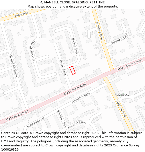 4, MANSELL CLOSE, SPALDING, PE11 1NE: Location map and indicative extent of plot