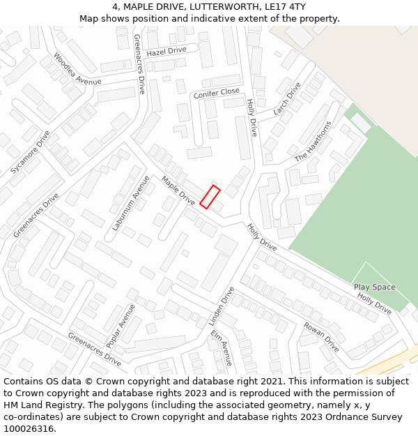 4, MAPLE DRIVE, LUTTERWORTH, LE17 4TY: Location map and indicative extent of plot