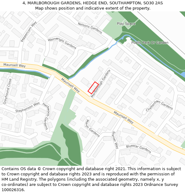 4, MARLBOROUGH GARDENS, HEDGE END, SOUTHAMPTON, SO30 2AS: Location map and indicative extent of plot