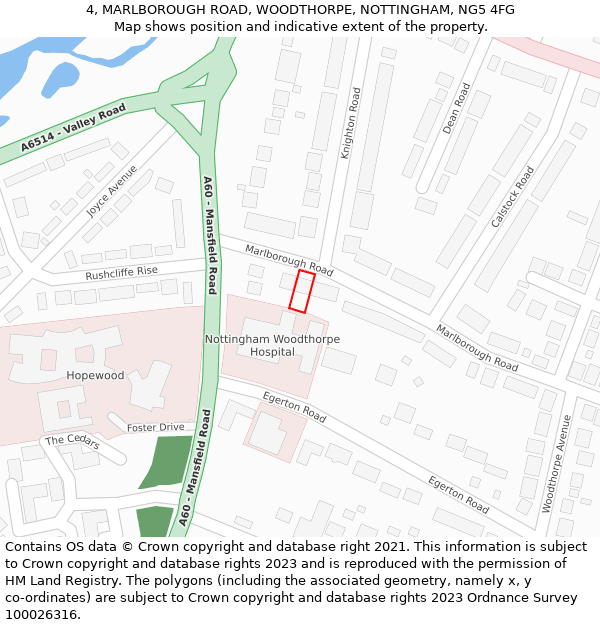 4, MARLBOROUGH ROAD, WOODTHORPE, NOTTINGHAM, NG5 4FG: Location map and indicative extent of plot