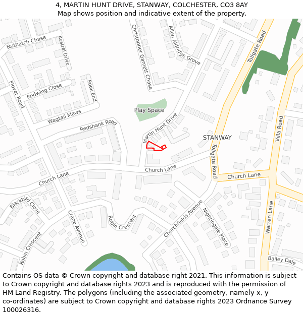 4, MARTIN HUNT DRIVE, STANWAY, COLCHESTER, CO3 8AY: Location map and indicative extent of plot