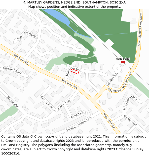 4, MARTLEY GARDENS, HEDGE END, SOUTHAMPTON, SO30 2XA: Location map and indicative extent of plot