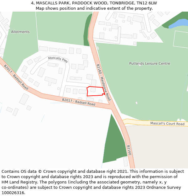 4, MASCALLS PARK, PADDOCK WOOD, TONBRIDGE, TN12 6LW: Location map and indicative extent of plot