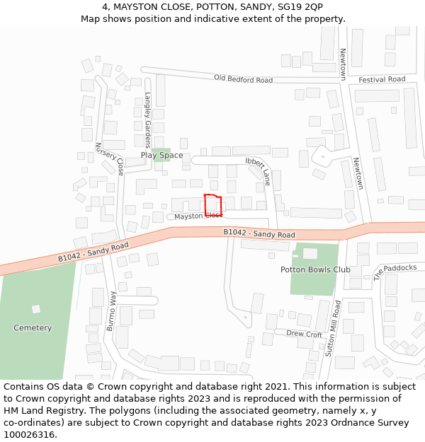 4, MAYSTON CLOSE, POTTON, SANDY, SG19 2QP: Location map and indicative extent of plot