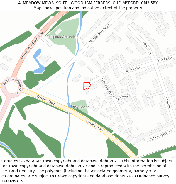 4, MEADOW MEWS, SOUTH WOODHAM FERRERS, CHELMSFORD, CM3 5RY: Location map and indicative extent of plot