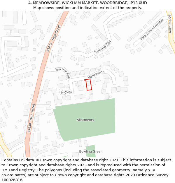 4, MEADOWSIDE, WICKHAM MARKET, WOODBRIDGE, IP13 0UD: Location map and indicative extent of plot