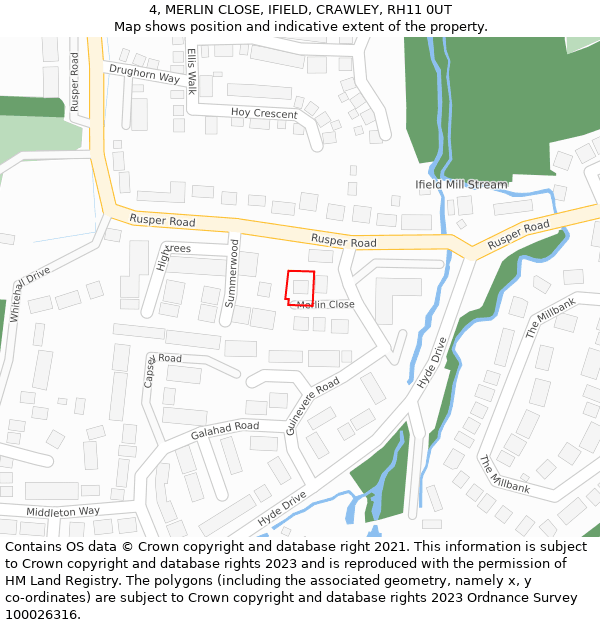 4, MERLIN CLOSE, IFIELD, CRAWLEY, RH11 0UT: Location map and indicative extent of plot