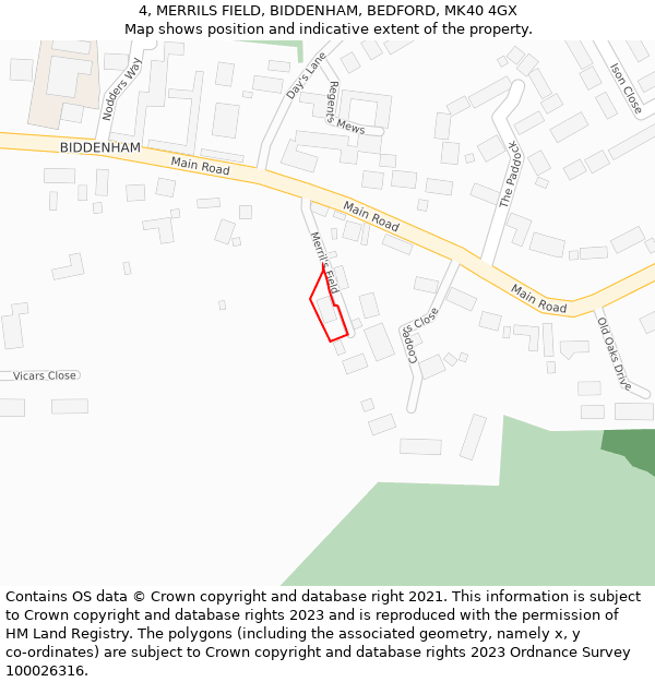 4, MERRILS FIELD, BIDDENHAM, BEDFORD, MK40 4GX: Location map and indicative extent of plot